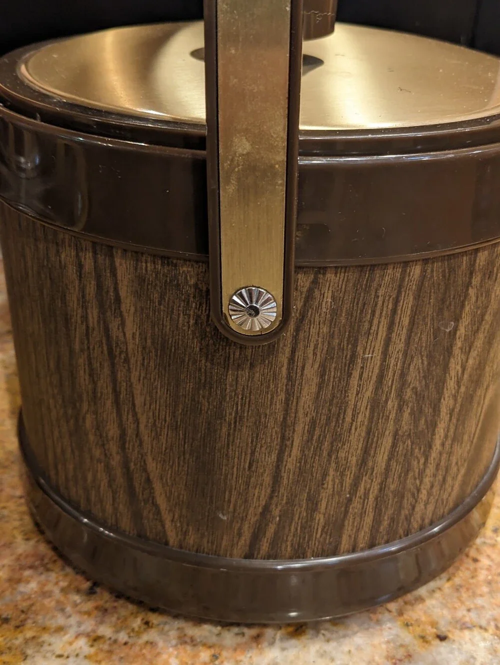 Vintage Atapco Ice Bucket Lid Handle Faux Wood Grain Faux Brass Accent Pre-owned